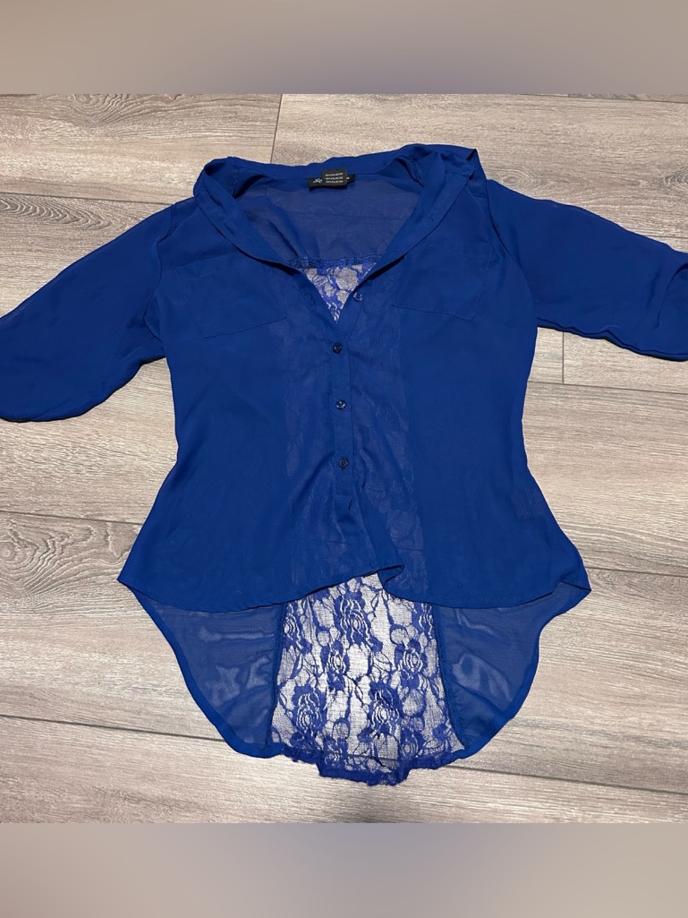 Sheer Lace-Back Button Down Blouse - Royal Blue - size small